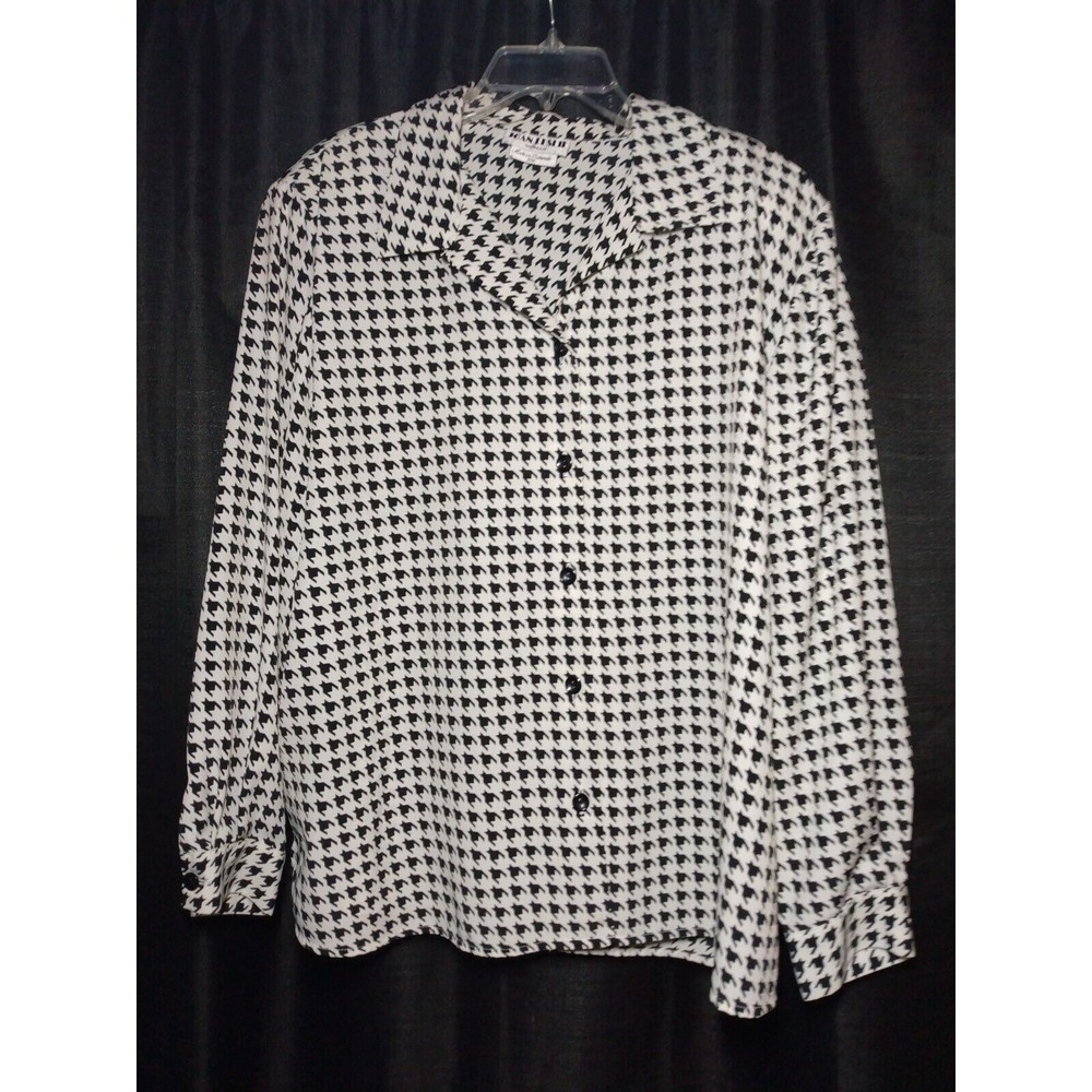 Joan Leslie Womens White with Black Design Button Down Long Sleeve Blouse S 20W